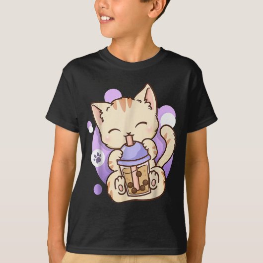 キャットボバ茶バブルティーアニメかわいい女児猫 Tシャツ (正面)