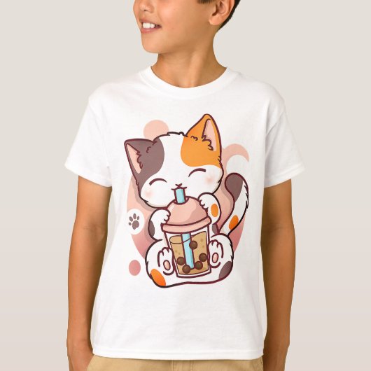 キャットボバ茶バブルティーアニメかわいい女児猫 Tシャツ (正面)