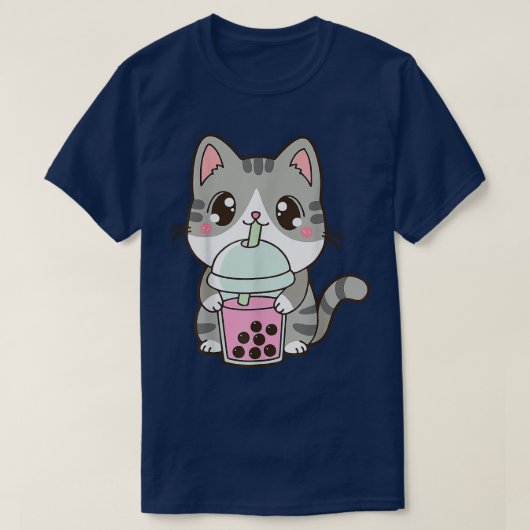キャットボバ茶バブルティーアニメかわいい日本の猫 Tシャツ (デザイン正面)