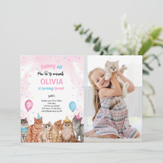 キャットポーティ動物ガール誕生日写真 招待状 (スタンド正面)