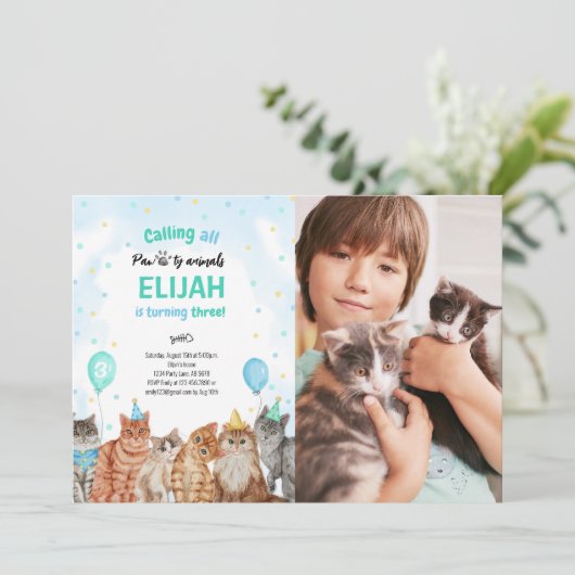 キャットポーティ動物ボーイ誕生日写真 招待状 (スタンド正面)