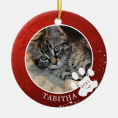 キャットポープリントクリスマスレッドスノーフレークスターズ写真 セラミックオーナメント (正面)