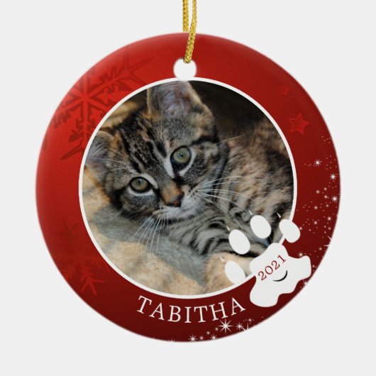 キャットポープリントクリスマスレッドスノーフレークスターズ写真 セラミックオーナメント (正面)