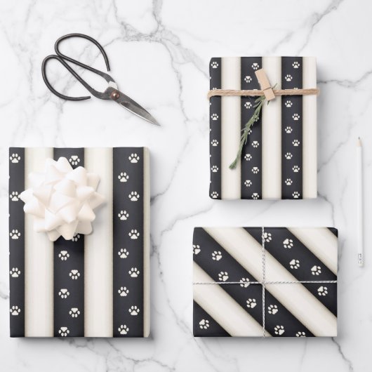 キャットポープリントブラック&アンティークホワイトストライプズ ラッピングペーパーシート (正面)