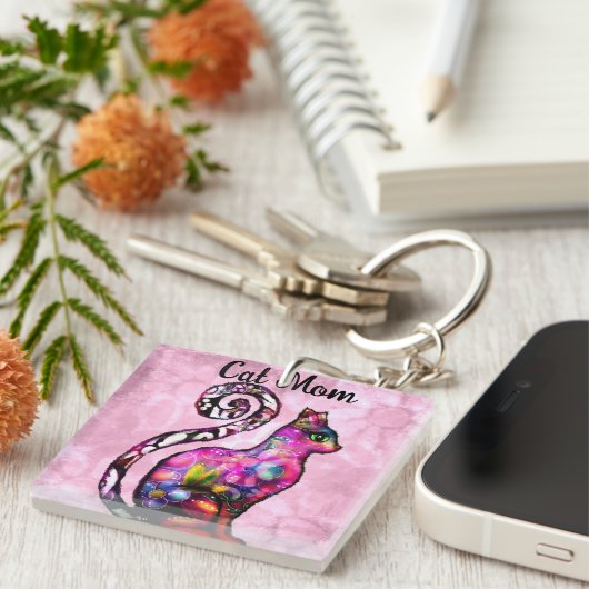 キャットママ抽象芸術お洒落キャット子猫アート キーホルダー (正面右)