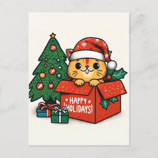 キャットマメリースの驚き:クリスマスキャットを箱に入れて ポストカード