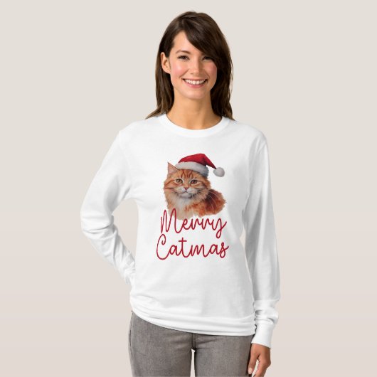 キャットマメリースキュートクリスマスキャットウォメンズ長袖 Tシャツ (正面フル)