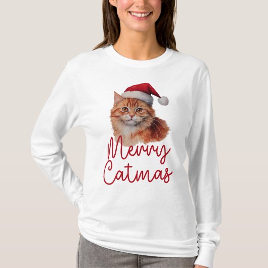 キャットマメリースキュートクリスマスキャットウォメンズ長袖 Tシャツ (正面)