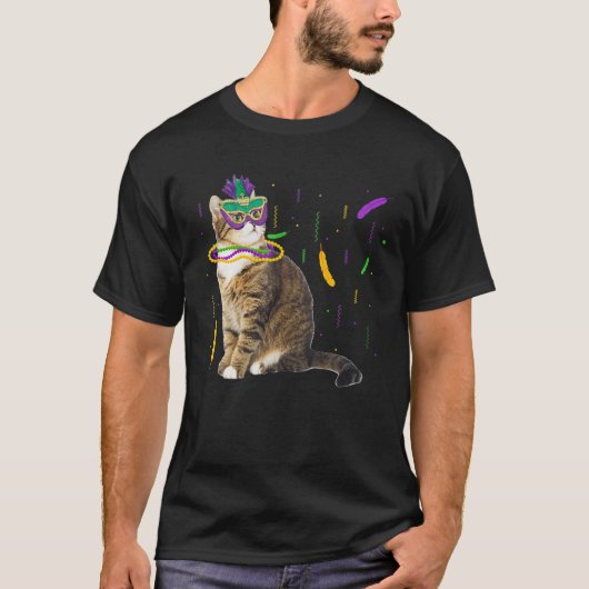 キャットマルディグラおもしろいス猫好きマスクとビーズカー Tシャツ (正面)