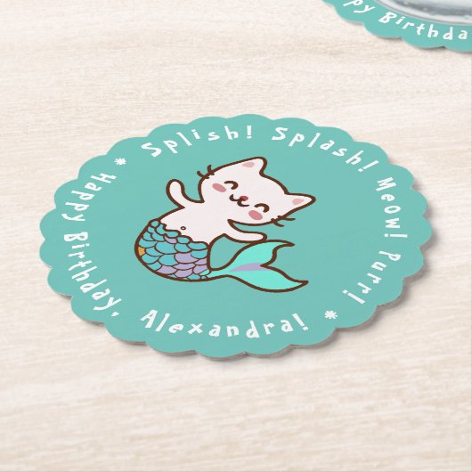 キャットマーメイドガール誕生日ブルーメイドパーメイド ペーパーコースター (アングル)