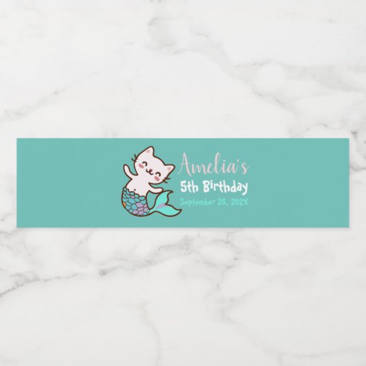 キャットマーメイドザシーカワイガール誕生日ブルー ペットボトルラベル (シングルラベル)