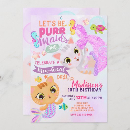 キャットマーメイドパーメイド誕生日招待状 招待状 (正面/裏面)