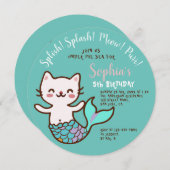 キャットマーメイドブルーラウンドガール誕生日パーメイド 招待状 (正面/裏面)