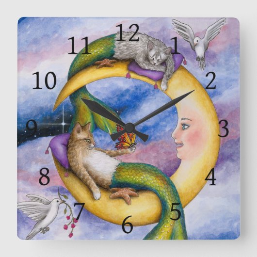 キャットマーメイド29マーキティファンタジーネコon Moon スクエア壁時計 (正面)