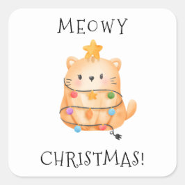 キャットメおもしろいオウィクリスマスツリーライトウォーターカラー スクエアシール
