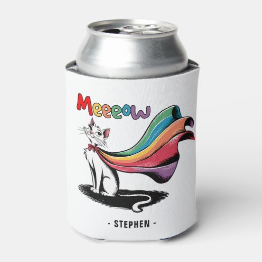キャットメすごいイー – Rainbow Capeプライド猫 缶クーラー (缶正面)