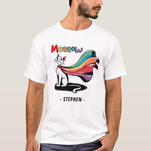 キャットメすごいイー – Rainbow Capeプライド猫 Tシャツ (正面)