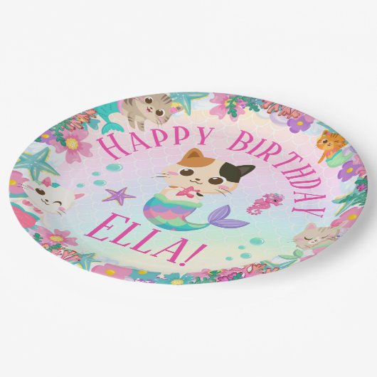 キャットメイドマーメイドガールバースデーパーティー ペーパープレート (アングル)