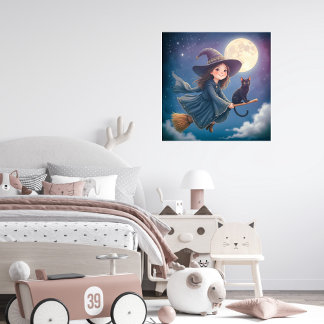 キャットメタルウォールアートのかわいい魔女 メタルプリント