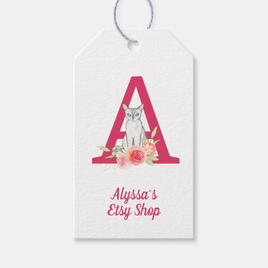 キャットモノグラムとピンクのフローラブーケ商品 ギフトタグ (正面)