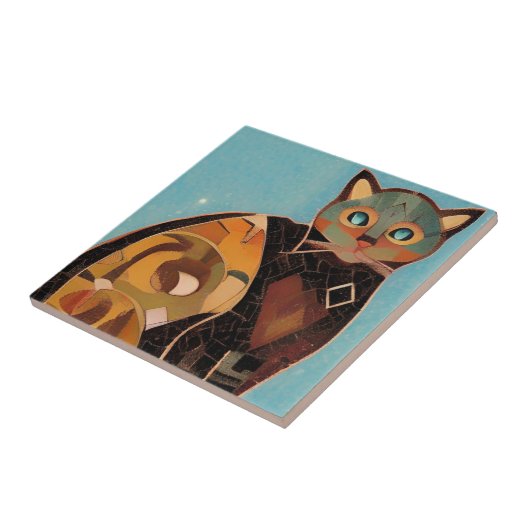 キャットモロッコモザイク抽象芸術アートティール（緑がかった色）子猫声 タイル (側面)
