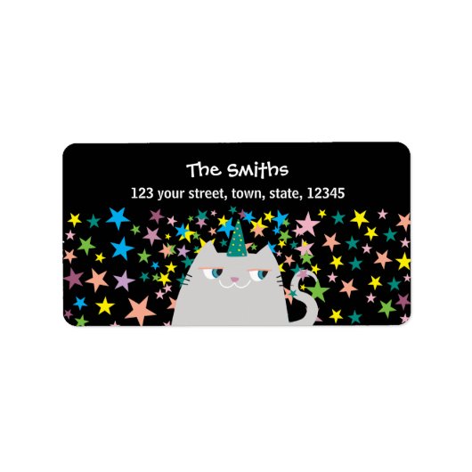 キャットユニコーンカラフルスターズブラック差出人住所 ラベル (正面)