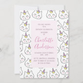 キャットユニコーンティール(緑がかった色)パターンピンク誕生日パーティー 招待状 (正面)