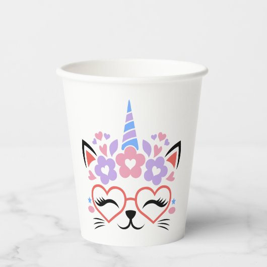 キャットユニコーンピンクパープルブルーかわいいおもしろいパーティー 紙コップ (正面)