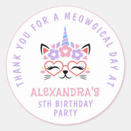 キャットユニコーン誕生日サンキューピンパープルブルー ラウンドシール