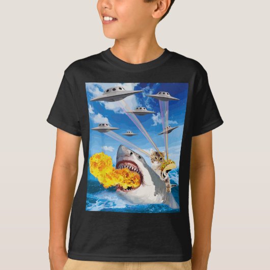 キャットライディングファイアブリージングシャークレインボーレーザータコ Tシャツ (正面)