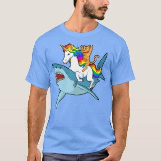 キャットライディングユニコーンライディングサメデザイン Tシャツ
