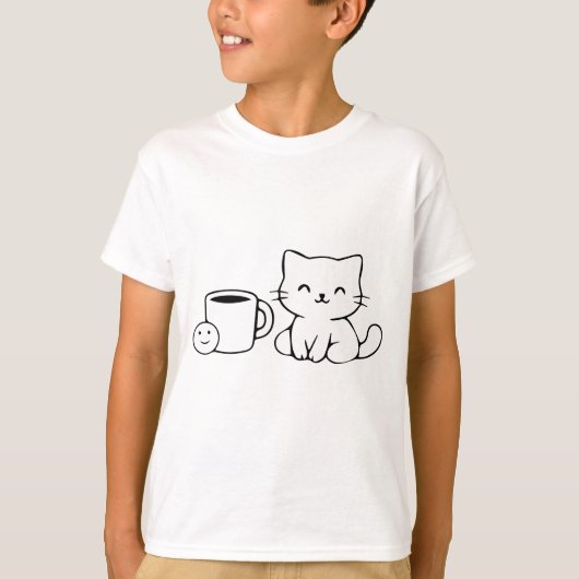 キャットラインアート - シンプルな黒の線画イラスト Tシャツ (正面)