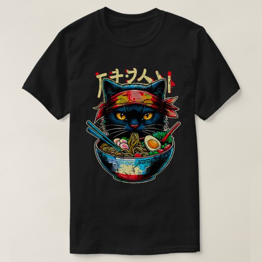 キャットラ日本のヌードルアニメかわいい猫 Tシャツ (デザイン正面)