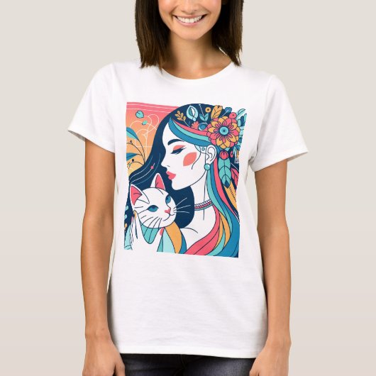 キャットレディーグラフィックイラストレーション Tシャツ (正面)