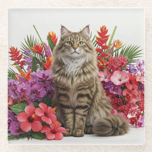 キャット威厳のあるトロピカルガラスコースターデザイン。 ガラスコースター (正面)