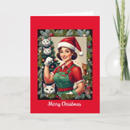 キャット熱狂するレディ、5" x 7"折り畳みクリスマスカード カード