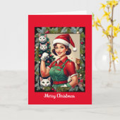 キャット熱狂するレディ、5" x 7"折り畳みクリスマスカード カード (黄色い花)