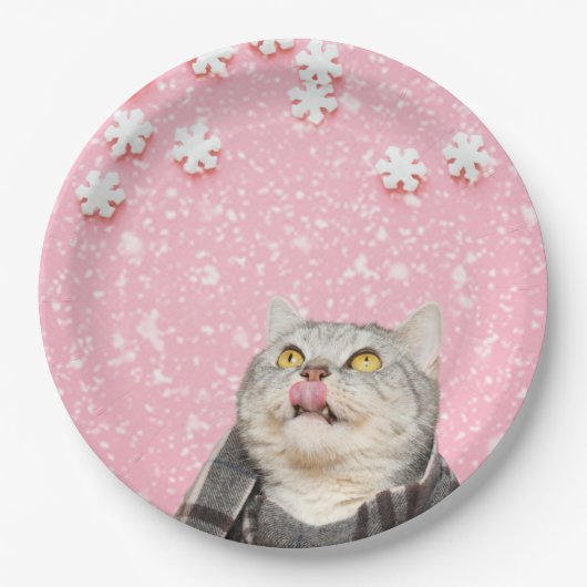 キャット舐める雪片9"ラウンド紙プレート ペーパープレート (正面)
