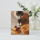 キャット食べスパゲティ葉書 ポストカード (スタンド正面)