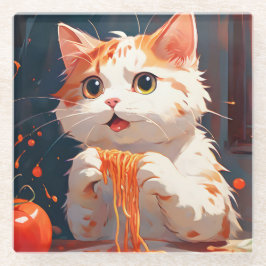 キャット食べスパゲティ ガラスコースター