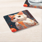 キャット食べスパゲティ スクエアペーパーコースター (アングル)