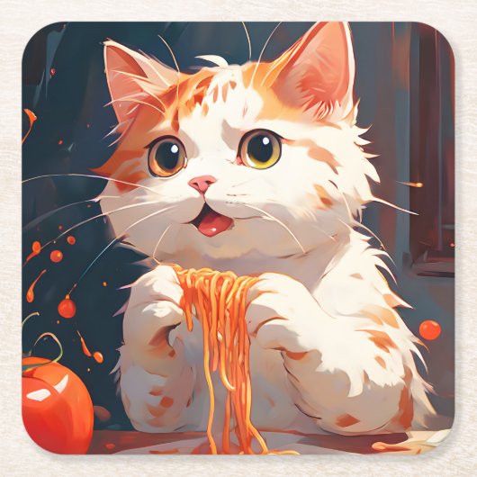 キャット食べスパゲティ スクエアペーパーコースター (正面)