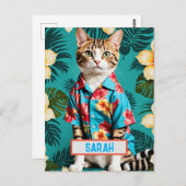 キャット・イン・ハワイアンシャツのハガキおもしろい- Cat ポストカード (正面/裏面)