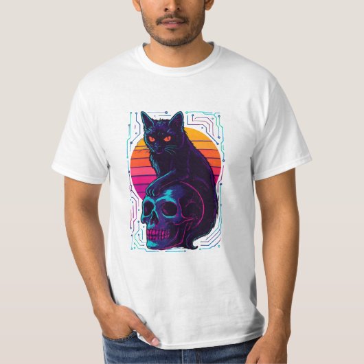 キャット&スカルシャツ - 抽象的ストリートウェア Tシャツ (正面)