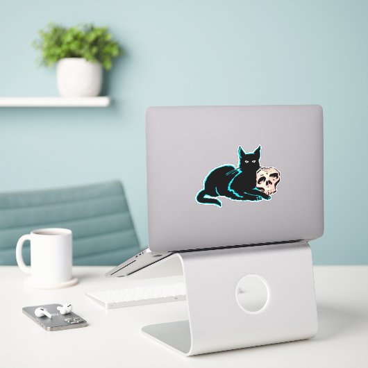 キャット&スカルハロウィーンイラストレーション シール (デスク上のノートパソコン)
