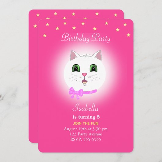 キャット&スターズオンピンクガール誕生日招待状 招待状 (正面/裏面)