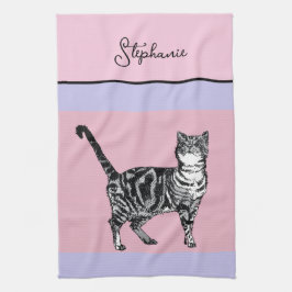 キャット タビー ペーストルカラーの猫 女性用ライトピンクパープル キッチンタオル