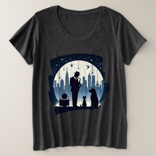 キャット、ドッグ、ジャズ プラスサイズTシャツ (デザイン正面)