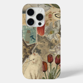 キャット フローラル コラージュ パターン - かわいいアーティスティック デザイン iPhone 15 PROケース