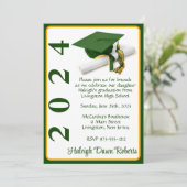 キャップおよびディプロマ5x7グリーンおよび金ゴールド卒業 招待状 (スタンド正面)